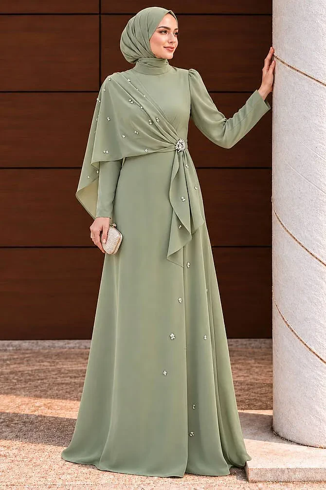 Cape-Detail Mint Modest Evening Dress 56101MINT - 1