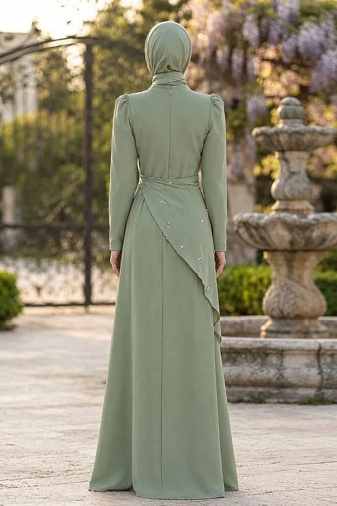 Cape-Detail Mint Modest Evening Dress 56101MINT - 2