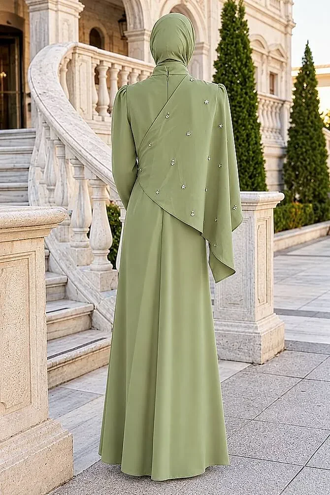 Cape-Detail Pistachio Green Modest Evening Dress 56101FY - 2