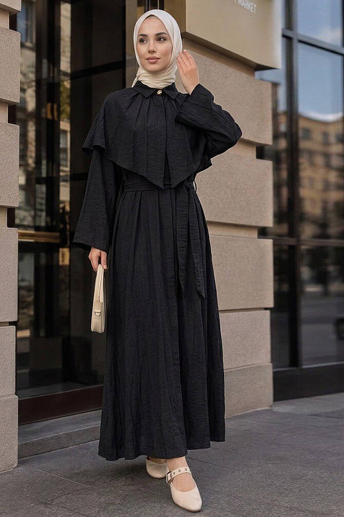 Cape-Detail Scarf Collared Black Modest Dress 26161S - 1