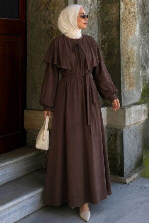 Cape-Detail Scarf Collared Brown Modest Dress 5326KH 
