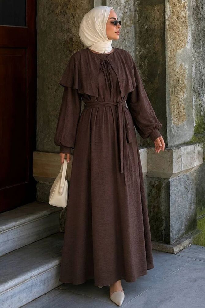 Cape-Detail Scarf Collared Brown Modest Dress 5326KH - 1