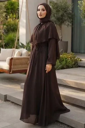 Cape-Detail Scarf Collared Brown Modest Dress 26161KH 
