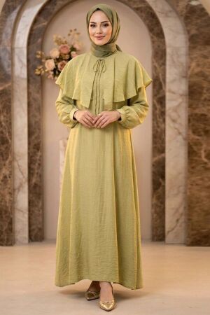 Cape-Detail Scarf Collared Light Khaki Modest Dress 5326AHK 