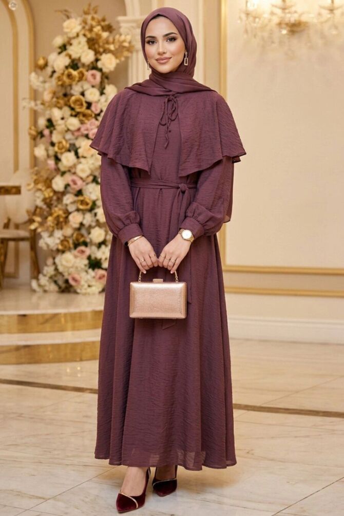 Cape-Detail Scarf Collared Plum Modest Dress 5326MU - 1