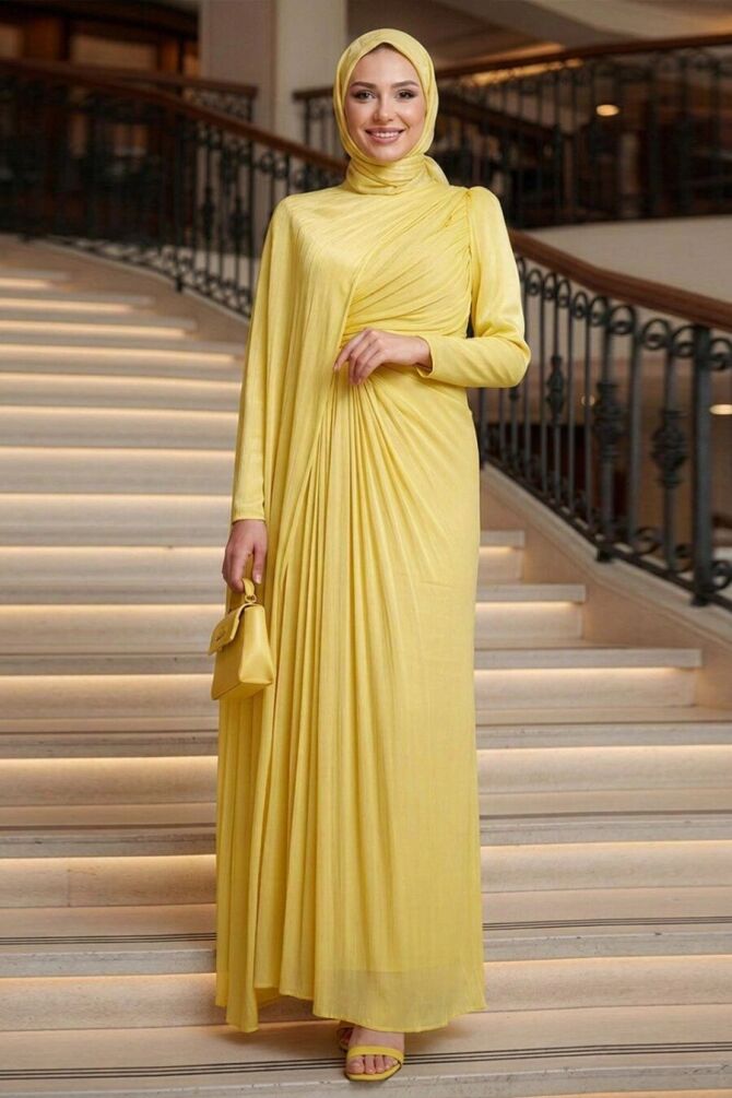 Cape-Detail Yellow Modest Evening Dress 52142SR - 1