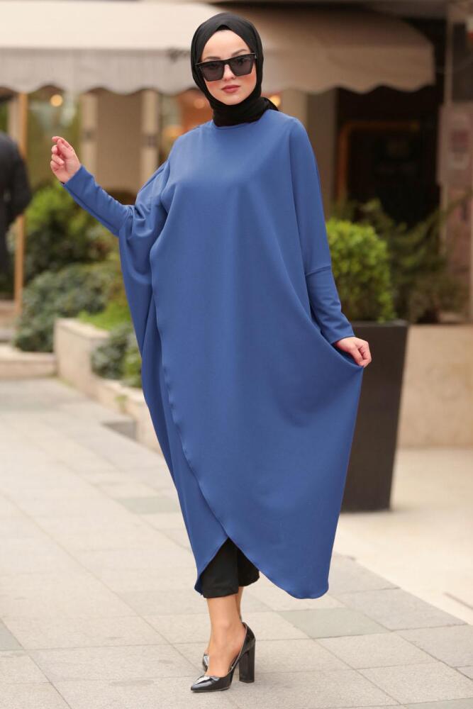 Çapraz Kesim İndigo Mavisi Tesettür Panço Tunik 5134IM - 1