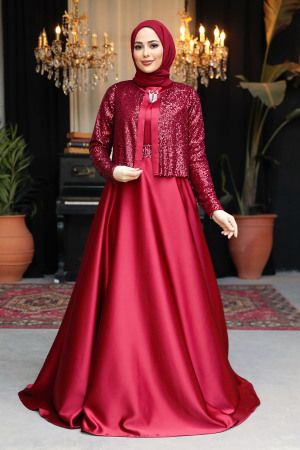 Ceket Detaylı Bordo Tesettür Saten Abiye Elbise 25881BR - 3