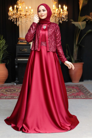 Ceket Detaylı Bordo Tesettür Saten Abiye Elbise 25881BR - 2