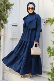 Ceket Detaylı Lacivert Tesettür Elbise 20301L - Thumbnail