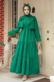 Ceket Detaylı Yeşil Tesettür Elbise 20301Y - Thumbnail