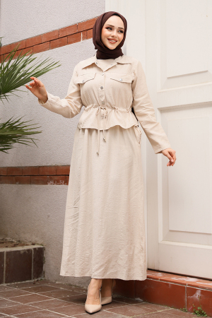 Ceketli Bej Tesettür Elbise İkili Takım 44651BEJ - 2