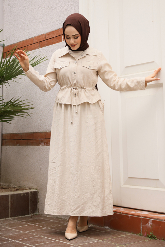 Ceketli Bej Tesettür Elbise İkili Takım 44651BEJ - 3