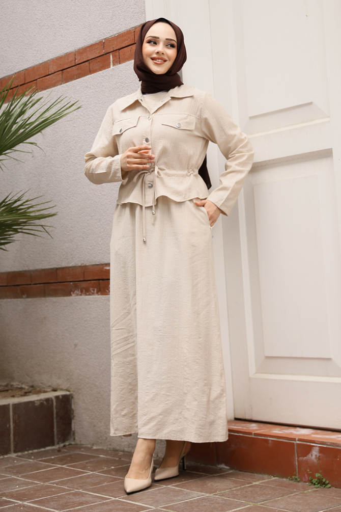 Ceketli Bej Tesettür Elbise İkili Takım 44651BEJ - 4