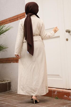 Ceketli Bej Tesettür Elbise İkili Takım 44651BEJ - 5