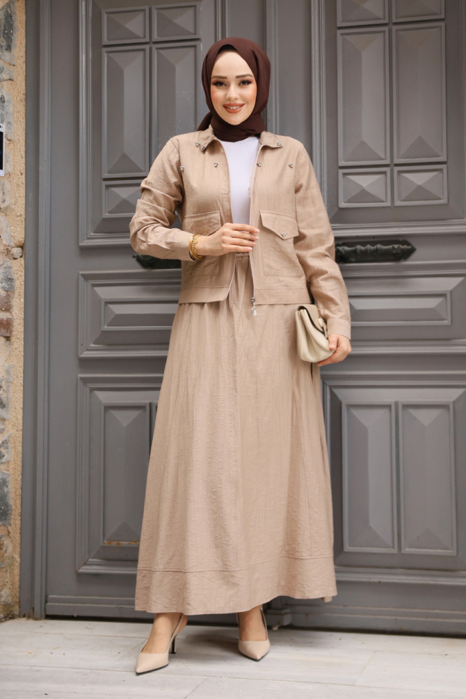 Ceketli Bisküvi Tesettür Etekli İkili Takım 44723BS - 2