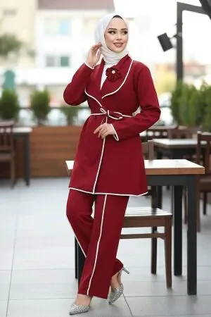 Ceketli Bordo Tesettür İkili Takım 40051BR - 1