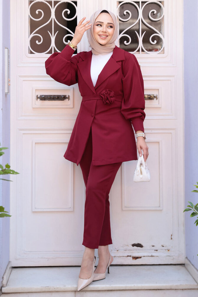 Ceketli Bordo Tesettür İkili Takım 61851BR - 1