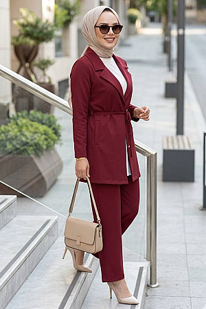 Ceketli Bordo Tesettür İkili Takım 62221BR 