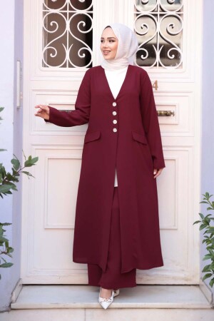 Ceketli Bordo Tesettür Üçlü Takım 7678BR - 1