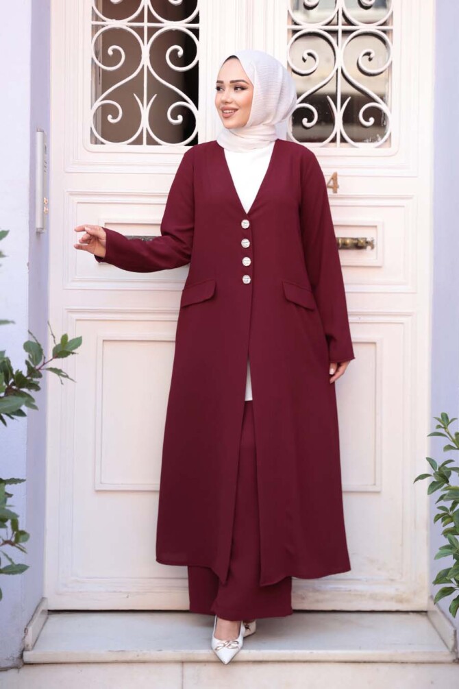 Ceketli Bordo Tesettür Üçlü Takım 7678BR - N.S NEVA STYLE