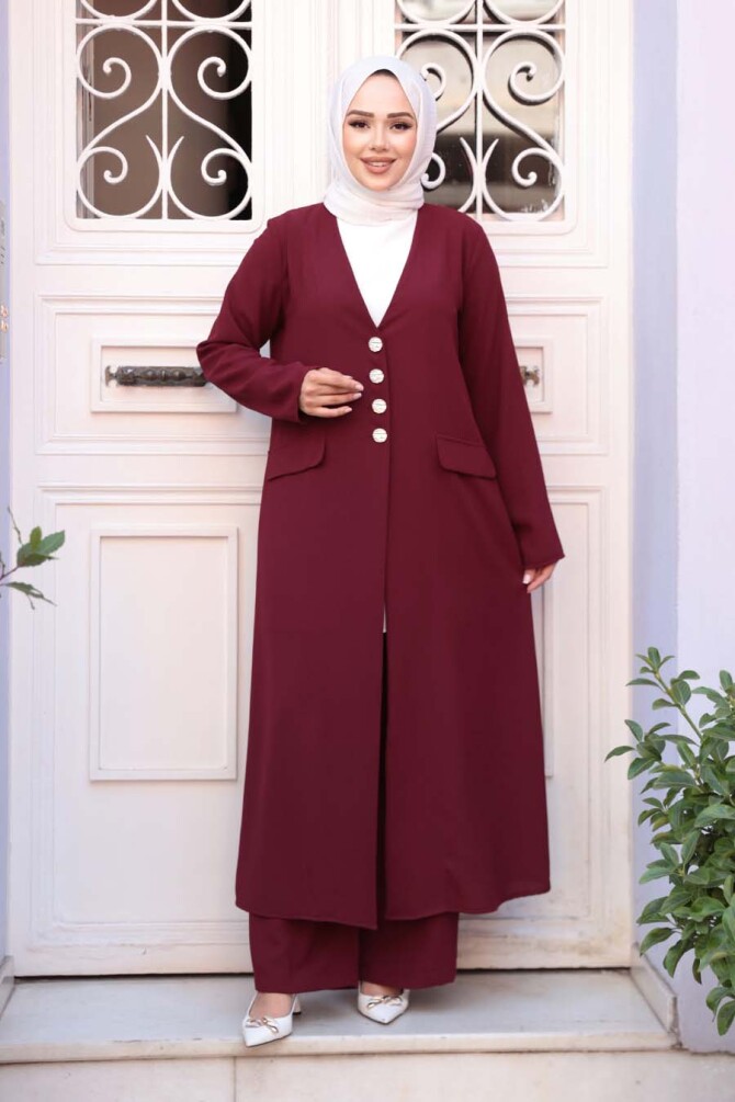 Ceketli Bordo Tesettür Üçlü Takım 7678BR - 3