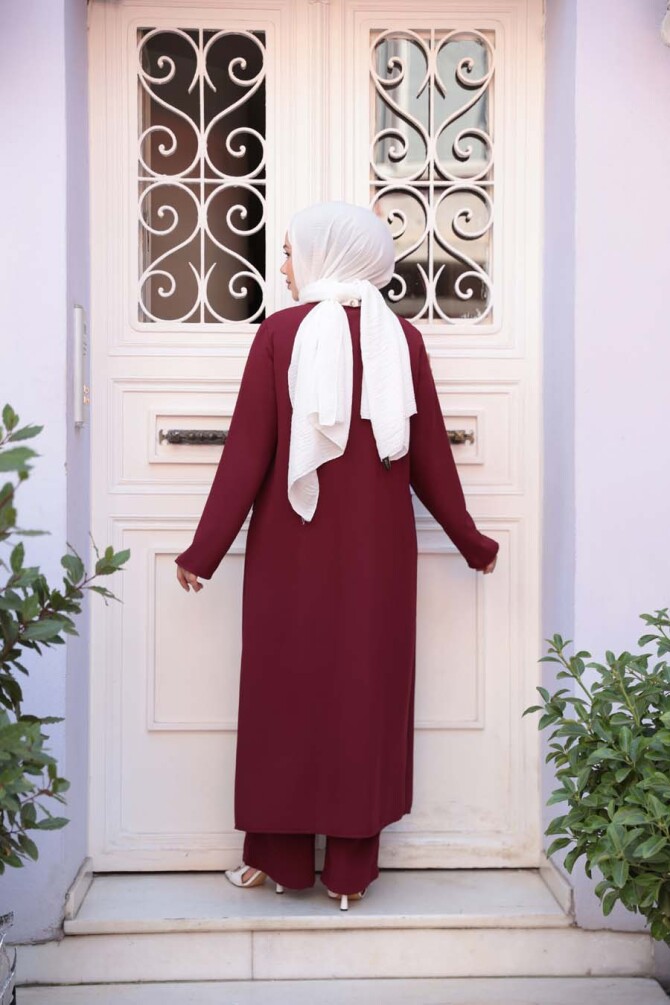 Ceketli Bordo Tesettür Üçlü Takım 7678BR - 4