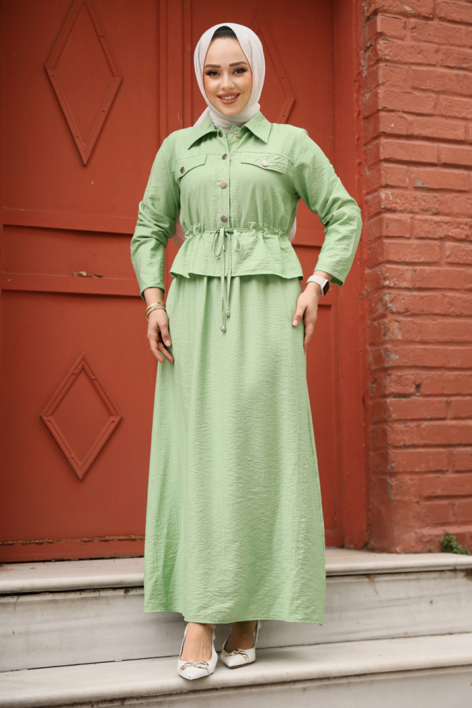 Ceketli Fıstık Yeşili Tesettür Elbise İkili Takım 44651FY - 2