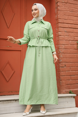 Ceketli Fıstık Yeşili Tesettür Elbise İkili Takım 44651FY - 3