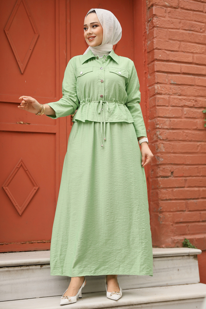 Ceketli Fıstık Yeşili Tesettür Elbise İkili Takım 44651FY - 3