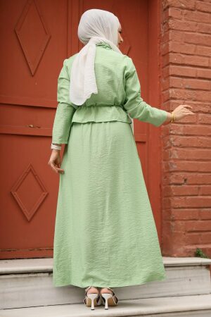 Ceketli Fıstık Yeşili Tesettür Elbise İkili Takım 44651FY - 4