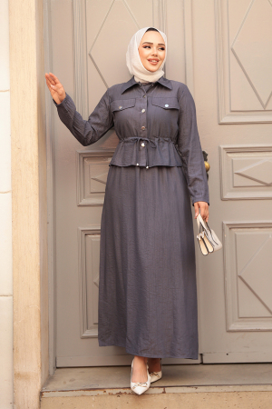 Ceketli Füme Tesettür Elbise İkili Takım 44651FU - N.S NEVA STYLE