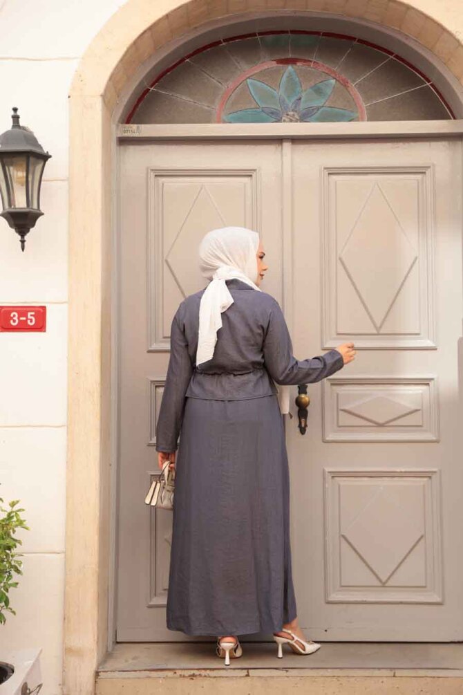 Ceketli Füme Tesettür Elbise İkili Takım 44651FU - 3
