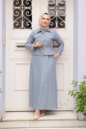 Ceketli Gri Tesettür Elbise İkili Takım 44651GR - 2