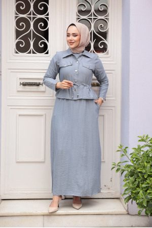Ceketli Gri Tesettür Elbise İkili Takım 44651GR - 3