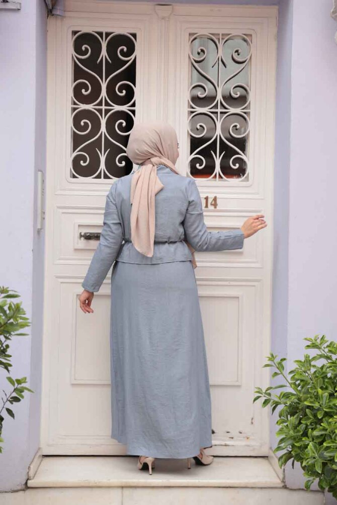 Ceketli Gri Tesettür Elbise İkili Takım 44651GR - 4