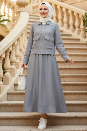 Ceketli Gri Tesettür Etekli İkili Takım 44723GR - N.S NEVA STYLE