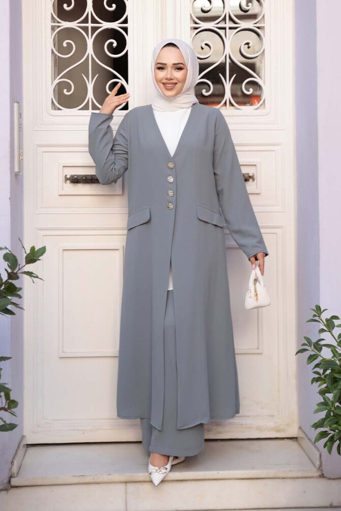 Ceketli Gri Tesettür Üçlü Takım 7678GR - 3