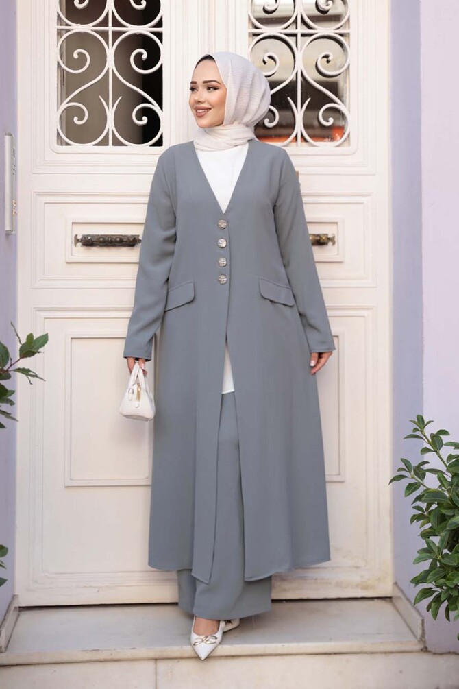 Ceketli Gri Tesettür Üçlü Takım 7678GR - N.S NEVA STYLE