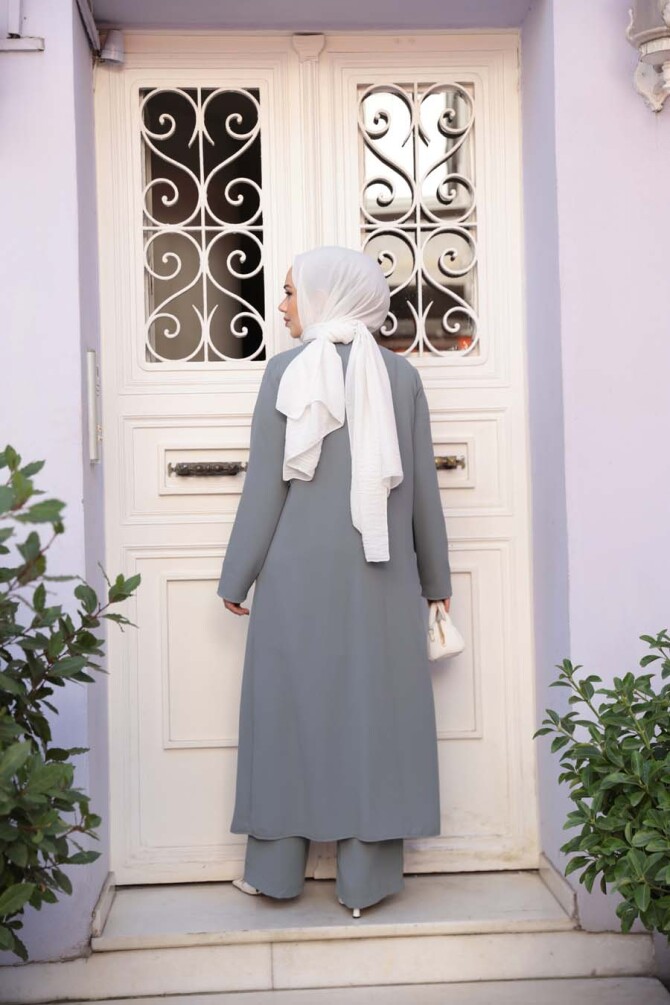 Ceketli Gri Tesettür Üçlü Takım 7678GR - 4