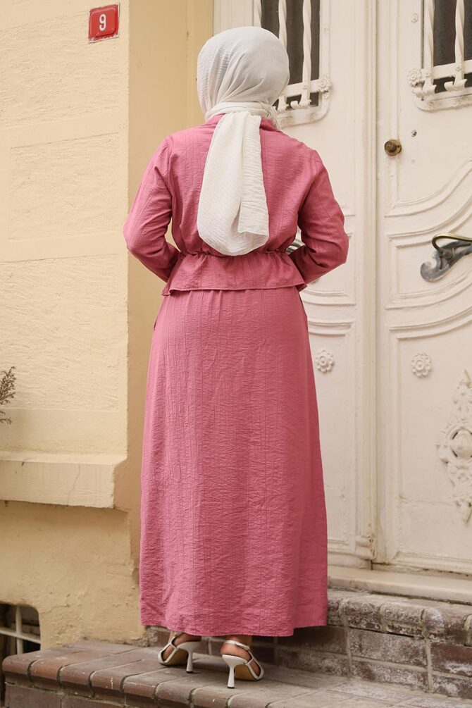 Ceketli Gül Kurusu Tesettür Elbise İkili Takım 44651GK - 4