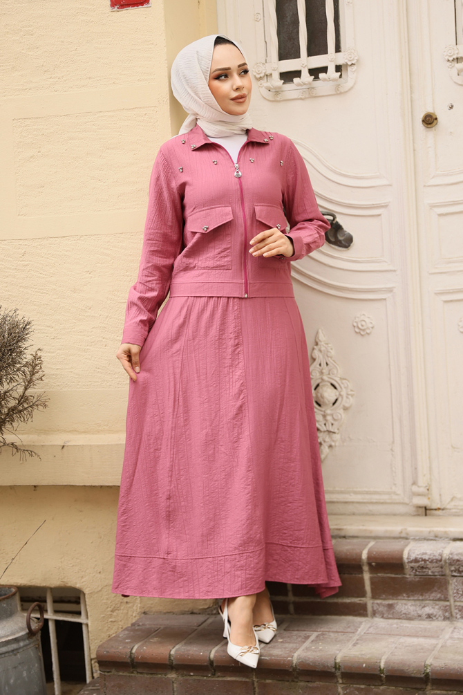 Ceketli Gül Kurusu Tesettür Etekli İkili Takım 44723GK - 3