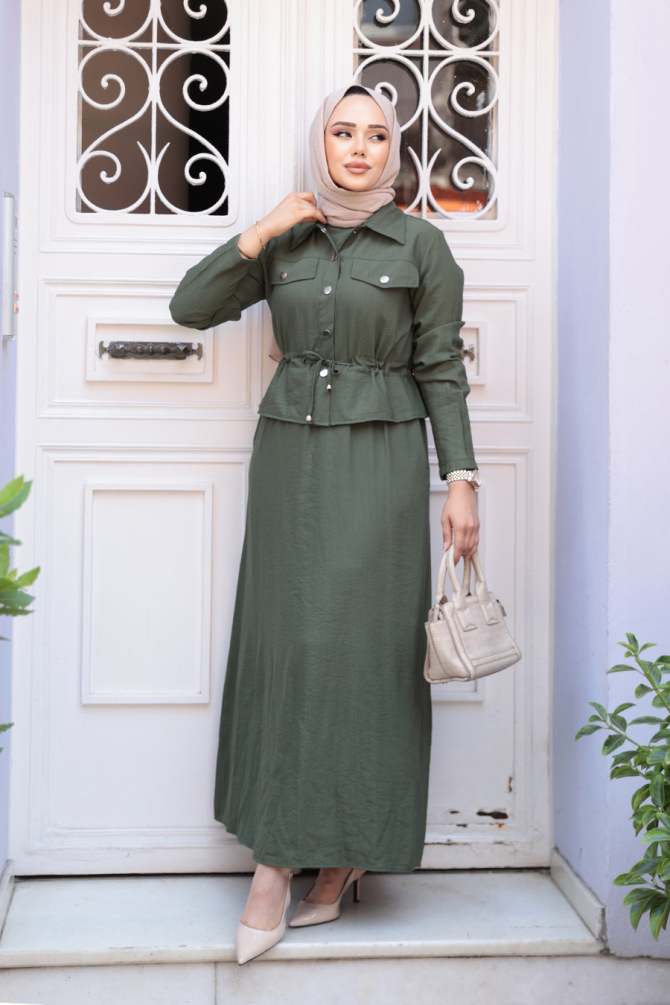 Ceketli Haki Tesettür Elbise İkili Takım 44651HK - 2