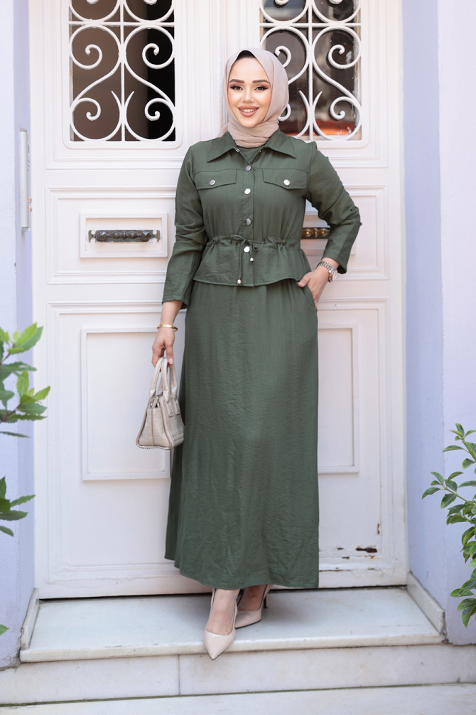 Ceketli Haki Tesettür Elbise İkili Takım 44651HK - 1
