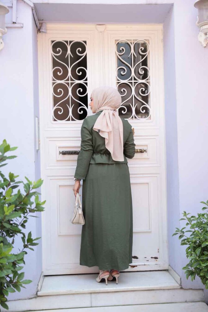 Ceketli Haki Tesettür Elbise İkili Takım 44651HK - 3
