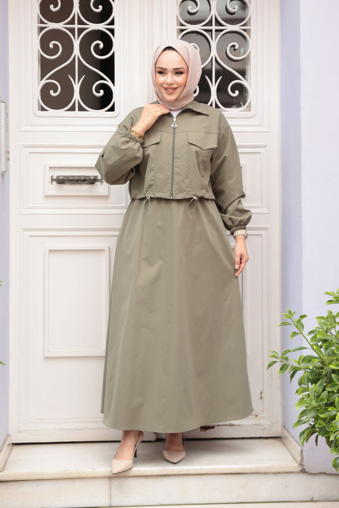 Ceketli Haki Tesettür Etekli İkili Takım 4458HK - 2