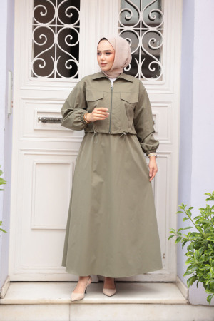 Ceketli Haki Tesettür Etekli İkili Takım 4458HK 
