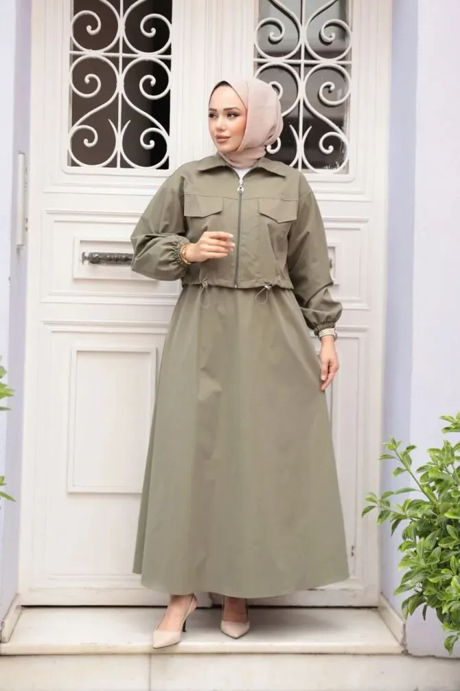 Ceketli Haki Tesettür Etekli İkili Takım 4458HK - 1