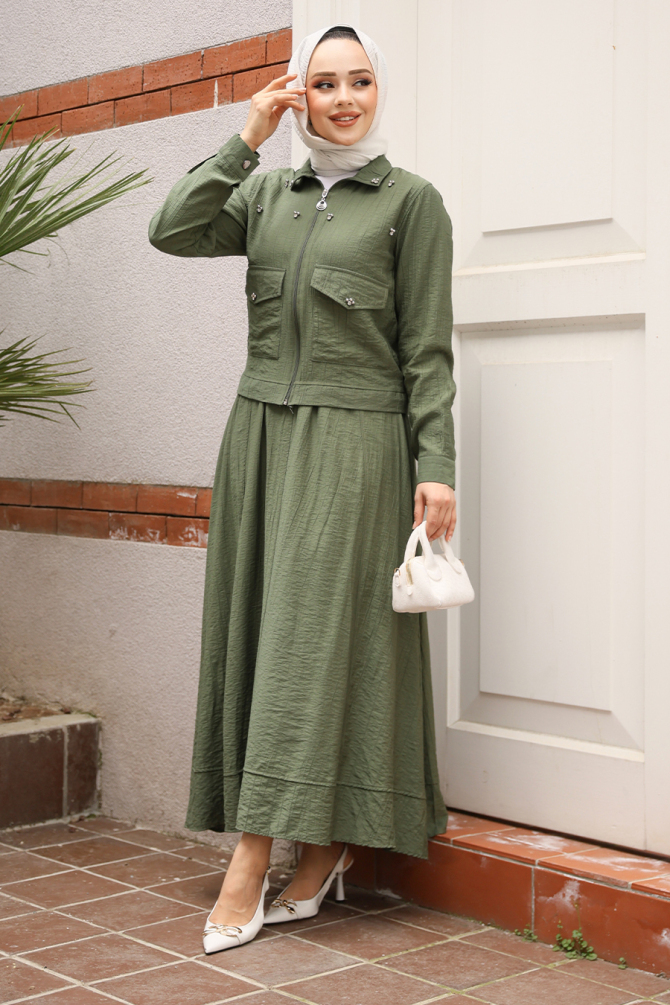 Ceketli Haki Tesettür Etekli İkili Takım 44723HK - 1