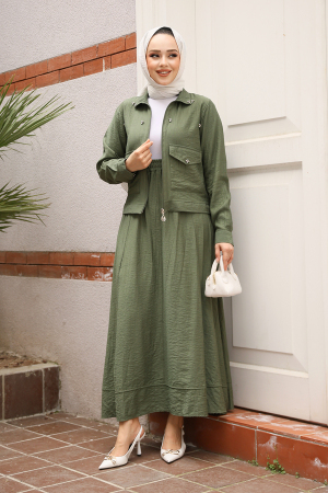 Ceketli Haki Tesettür Etekli İkili Takım 44723HK - 2